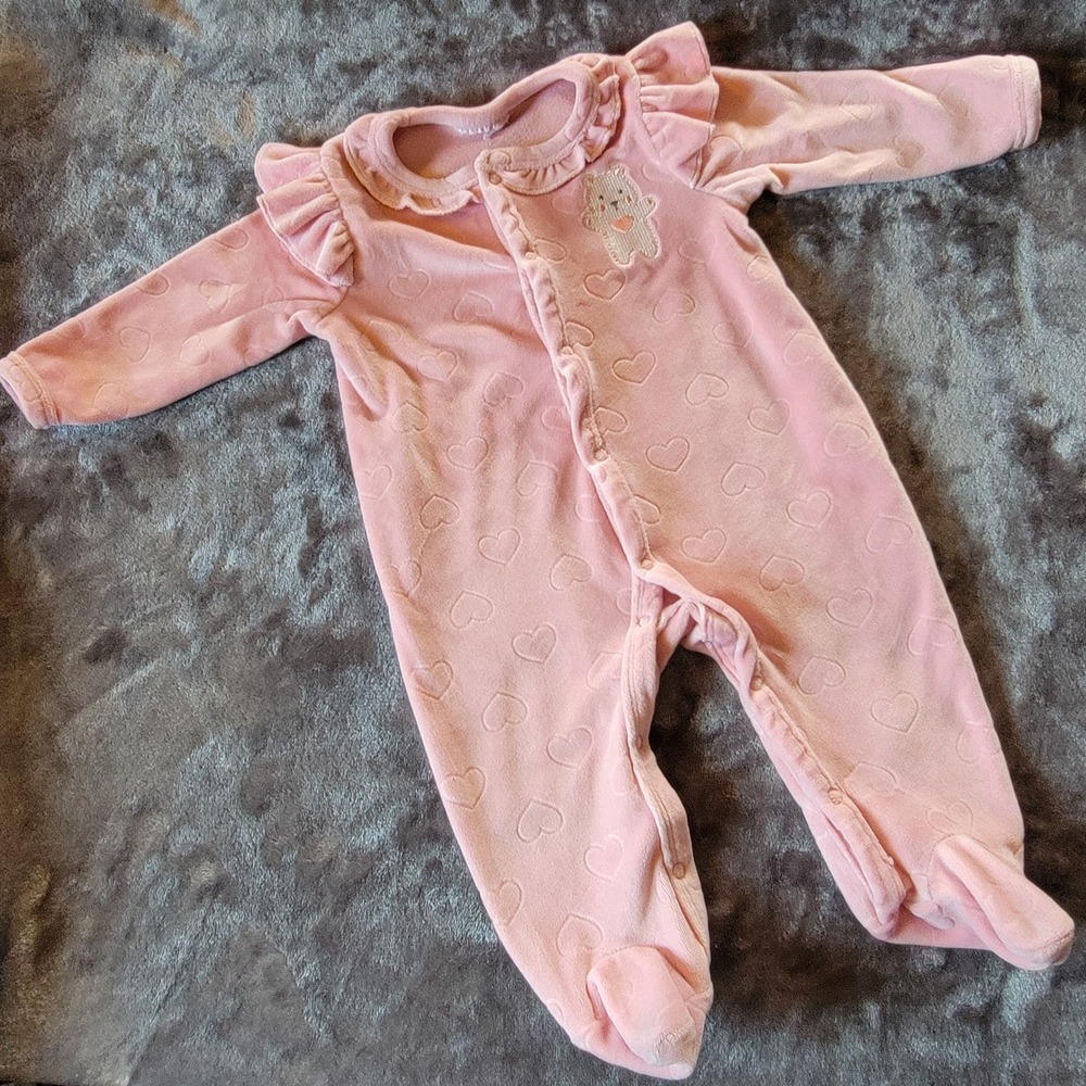 Unbranded Fleece Footed Sleeper Kids Size 3-6M Pink Good Heart Ruffle Bear 815